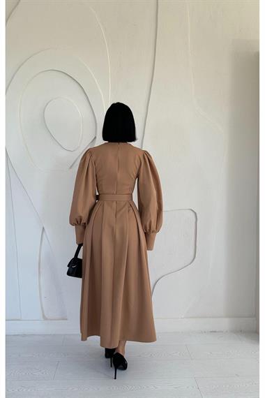 Toptan Camel Balon Kollu Kemerli Elbise