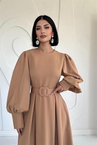 Toptan Camel Balon Kollu Kemerli Elbise