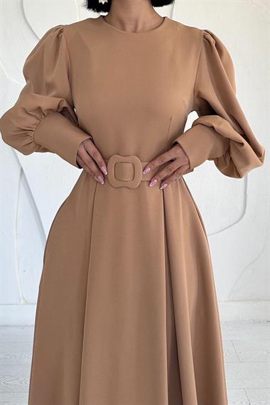 Toptan Camel Balon Kollu Kemerli Elbise