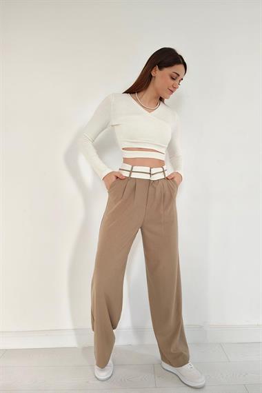 Toptan Camel Bel Detaylı Pantolon