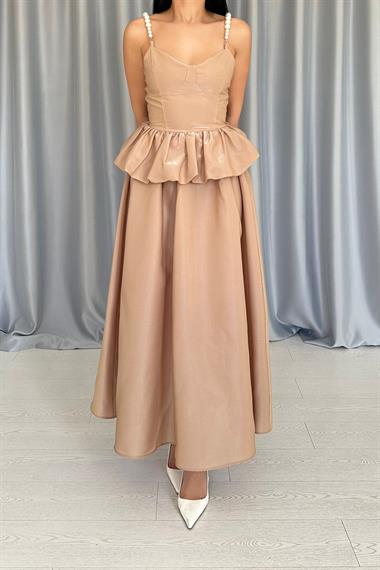 Toptan Camel Beli Büzgülü İnci Askılı Uzun Elbise