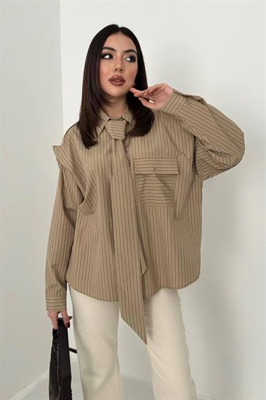Toptan Camel Çizgili Fular Detaylı Gömlek