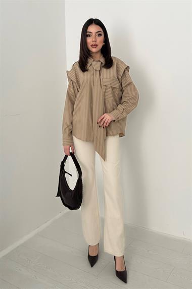Toptan Camel Çizgili Fular Detaylı Gömlek