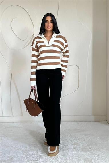 Toptan Camel Çizgili Triko Kazak