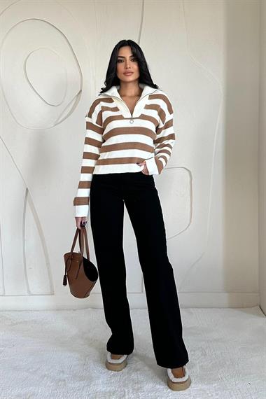 Toptan Camel Çizgili Triko Kazak