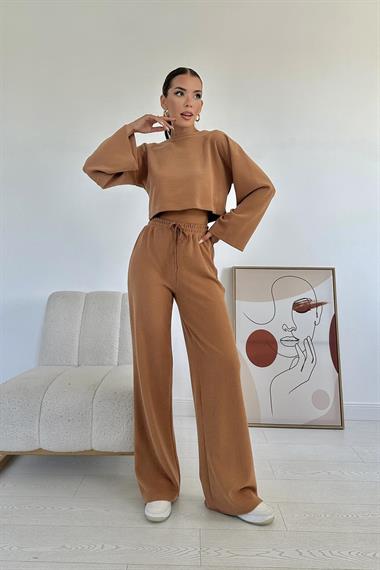 Toptan Camel Fitilli Bluz ve Pantolon Takım