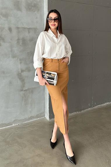 Toptan Camel Gabardin Boyamalı Püsküllü Etek