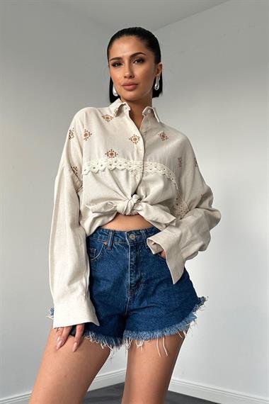 Toptan Camel Garnili Dantelli Gömlek