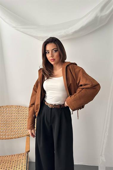 Toptan Camel Kısa Kapüşonlu Ceket
