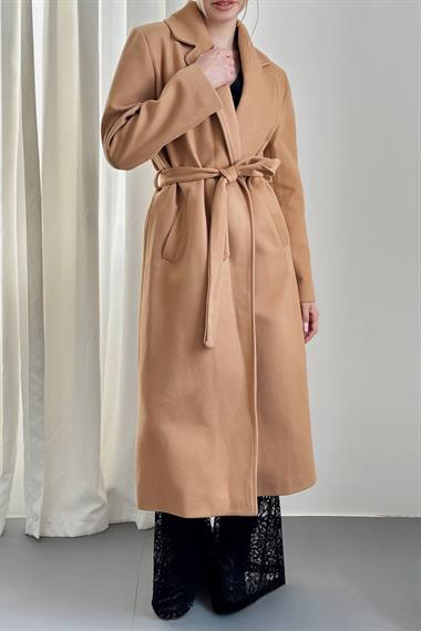 Toptan Camel Kuşaklı Midi Kaban