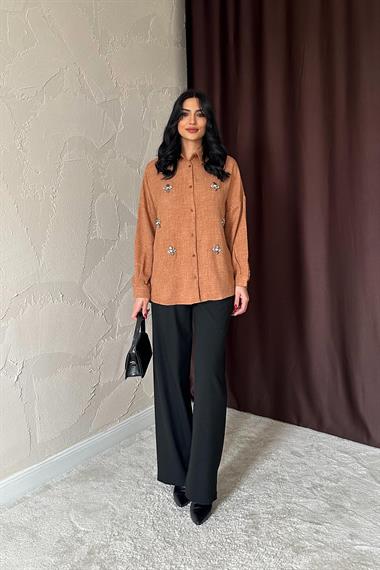 Wholesale Camel Stone Embroidered Shirt