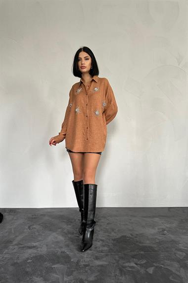 Wholesale Camel Stone Embroidered Shirt