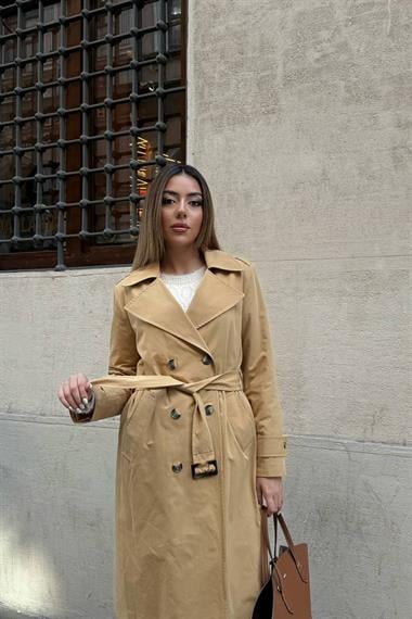 Toptan Camel Uzun Kemerli Trençkot