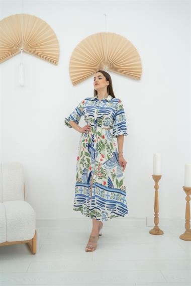 Toptan Desenli Bel Detaylı Elbise