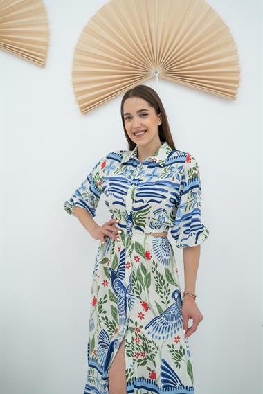 Toptan Desenli Bel Detaylı Elbise