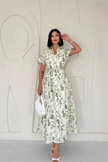 Toptan Desenli Çiçek Desenli Kuşaklı Elbise
