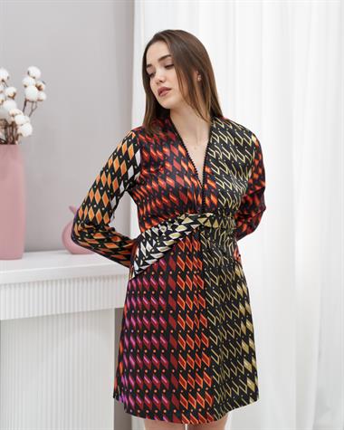 Toptan Desenli İnci Detalı Desenli Elbise