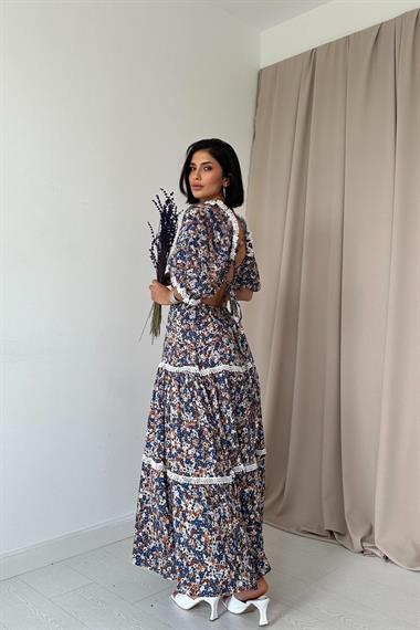 Toptan Desenli Sırtı Dekolteli Brode Elbise