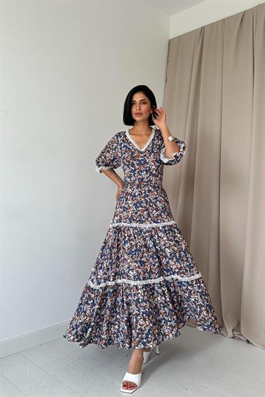 Toptan Desenli Sırtı Dekolteli Brode Elbise