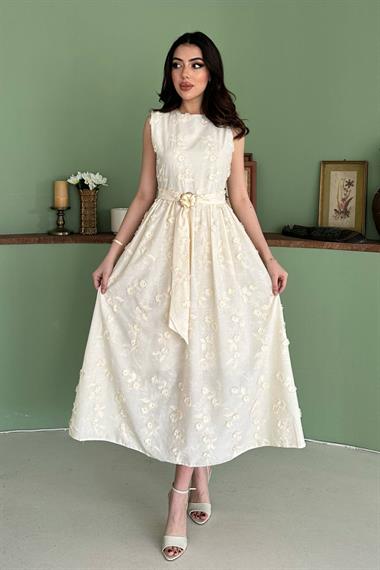 Toptan Ekru 3d Brode Detaylı Elbise