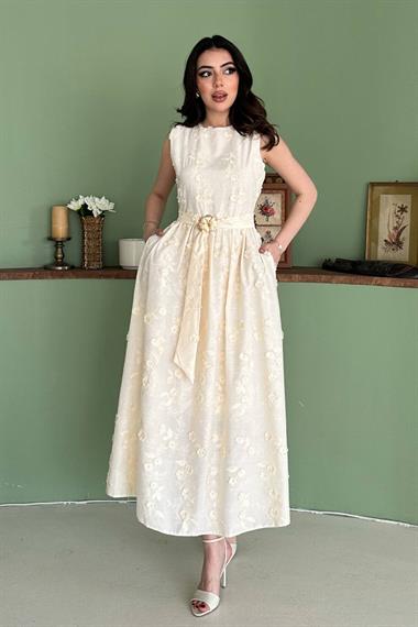 Toptan Ekru 3d Brode Detaylı Elbise