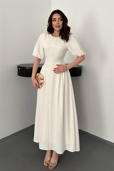 Toptan Ekru Arkadan Bağlamalı Büzgülü Keten Elbise