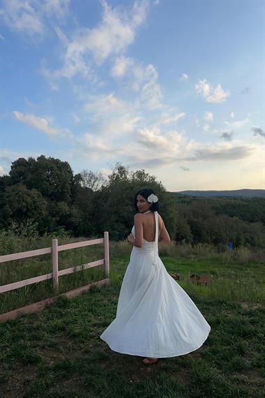 Toptan Ekru Askılı Keten Elbise