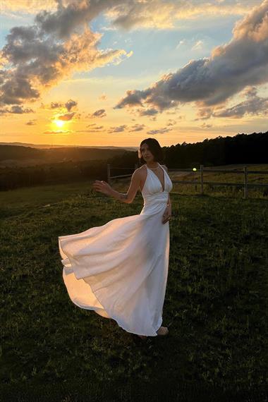 Toptan Ekru Askılı Keten Elbise