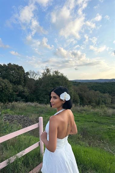 Toptan Ekru Askılı Keten Elbise