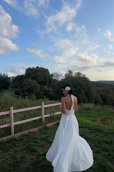 Toptan Ekru Askılı Keten Elbise