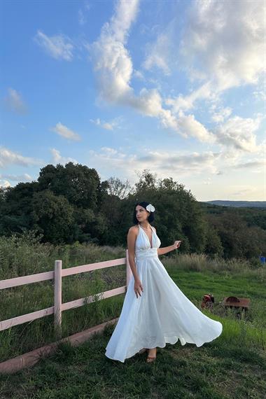 Toptan Ekru Askılı Keten Elbise