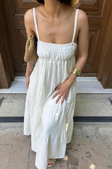 Toptan Ekru Askılı Parçalı Müslin Elbise