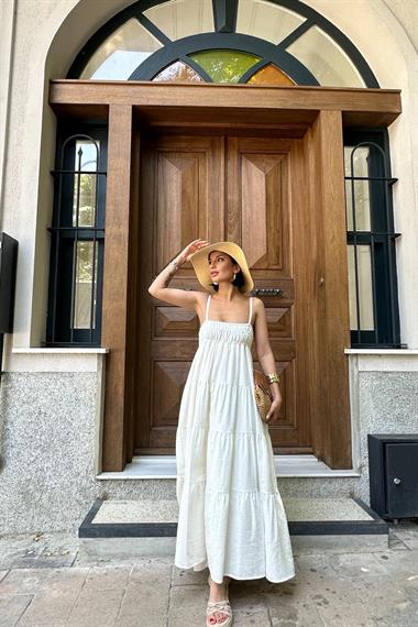 Toptan Ekru Askılı Parçalı Müslin Elbise