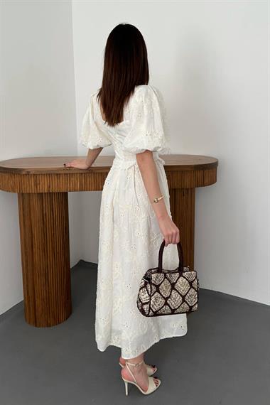 Toptan Ekru Balon Kollu Dantelli Brode Elbise