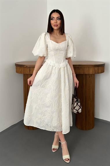 Toptan Ekru Balon Kollu Dantelli Brode Elbise