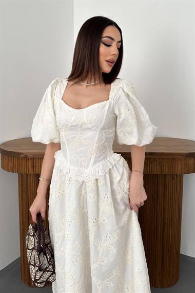 Toptan Ekru Balon Kollu Dantelli Brode Elbise