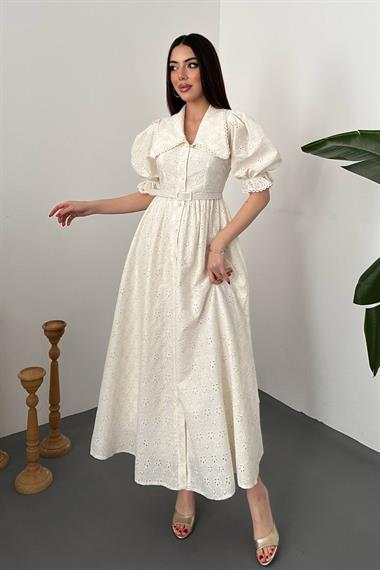 Toptan Ekru Bebe Yaka Balon Kollu Brode Elbise