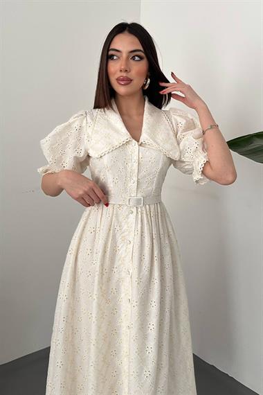 Toptan Ekru Bebe Yaka Balon Kollu Brode Elbise