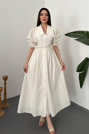 Toptan Ekru Bebe Yaka Balon Kollu Brode Elbise