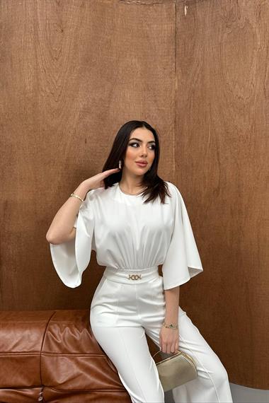 Toptan Ekru Bel Büzgülü Kemerı Aksesuarlı Yarasa Kol Tulum
