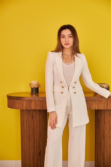 Toptan Ekru Blazer Düğmeli Ceket