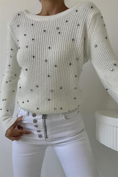 Toptan Ekru Boncuklu Triko Kazak