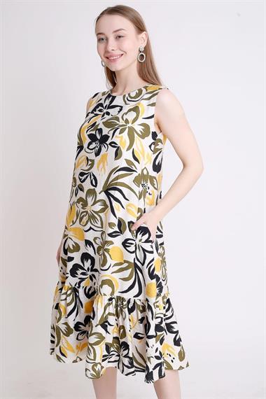 Toptan Ekru Çiçek Desenli Elbise