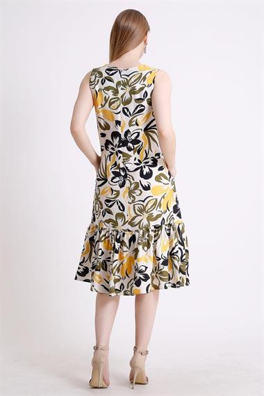 Toptan Ekru Çiçek Desenli Elbise