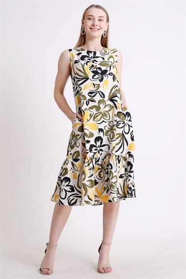 Toptan Ekru Çiçek Desenli Elbise