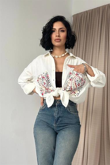 Toptan Ekru Çift Cep Baskı Detaylı Gömlek