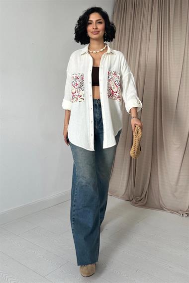 Toptan Ekru Çift Cep Baskı Detaylı Gömlek