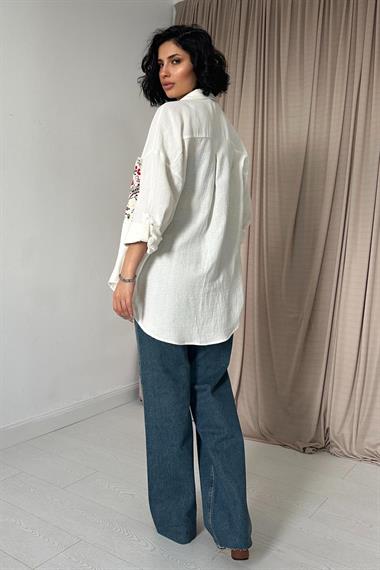 Toptan Ekru Çift Cep Baskı Detaylı Gömlek