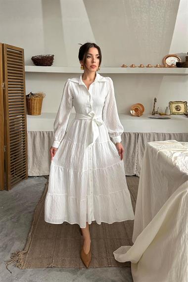 Toptan Ekru Çizgi Desenli Uzun Elbise