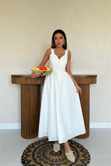 Toptan Ekru Dantel Detaylı Askılı Elbise